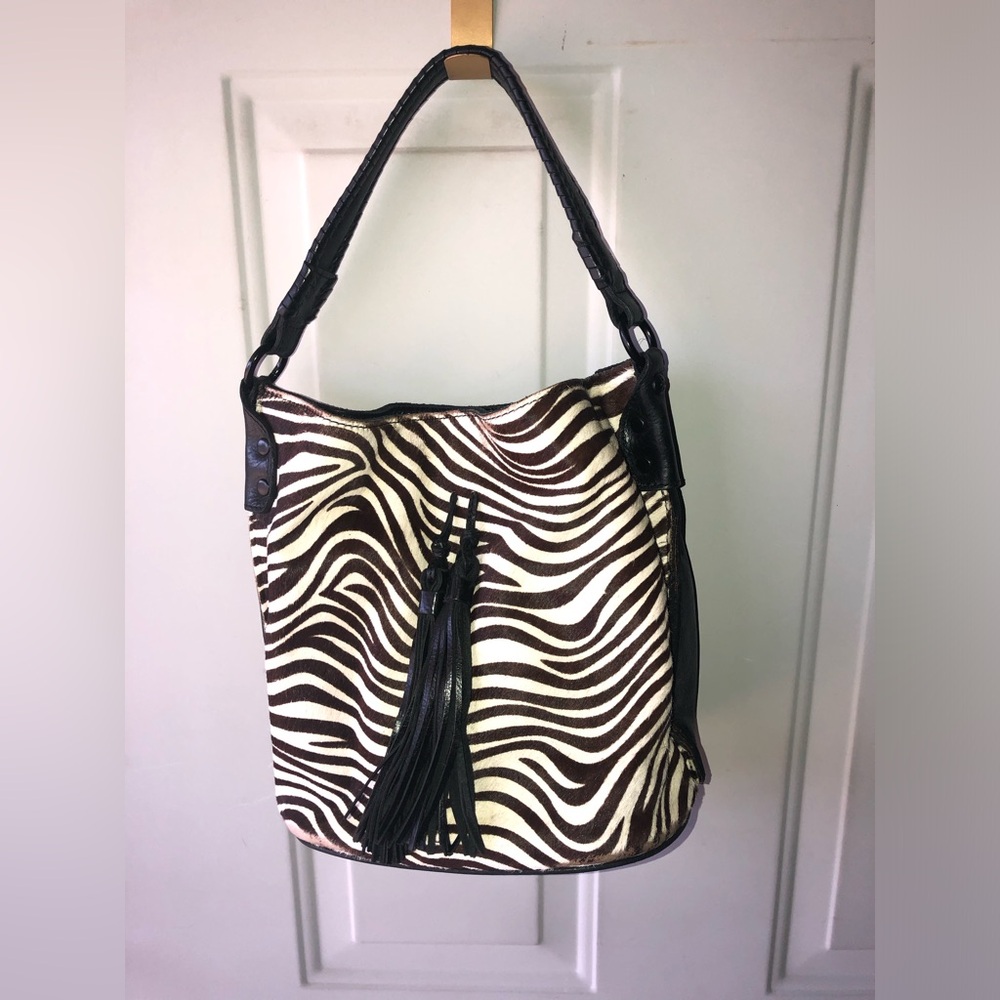 Patricia Nash Brown and White Zebra-Print Leather-Trim Shoulder Bag